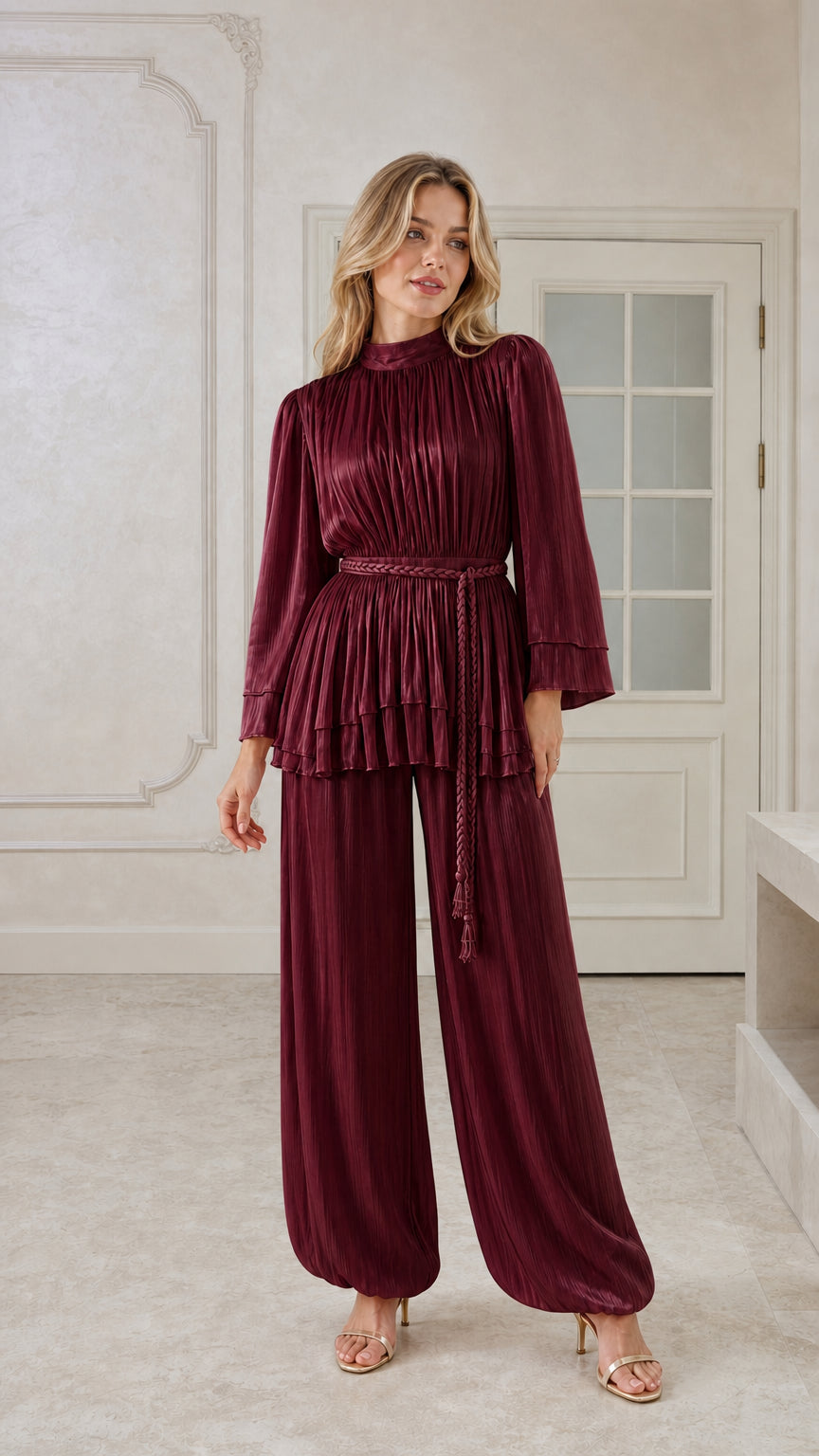 Burgundy wine red pleated two-piece evening pant set