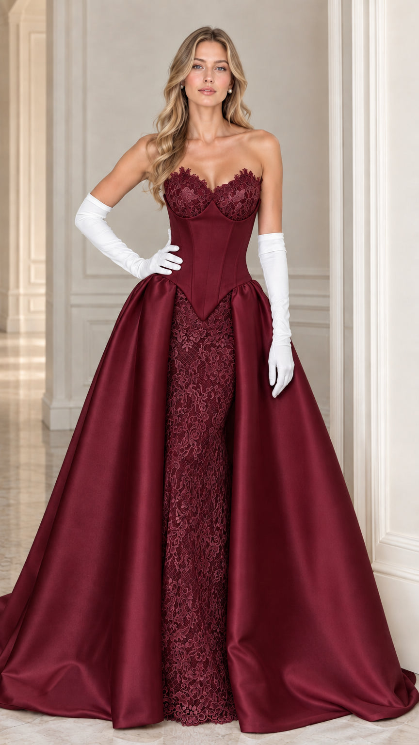 Model wearing burgundy red strapless corset ballgown with lace detailing