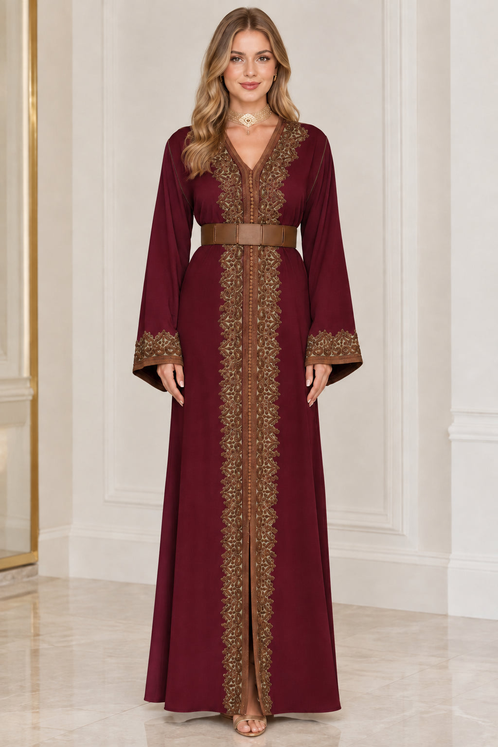 Burgundy wine red embroidered maxi caftan dress with belt