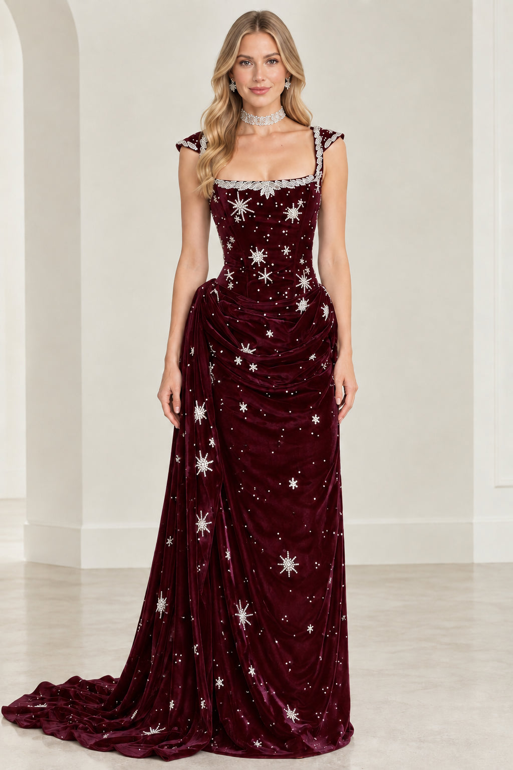 Burgundy wine red velvet celestial star embroidered evening gown