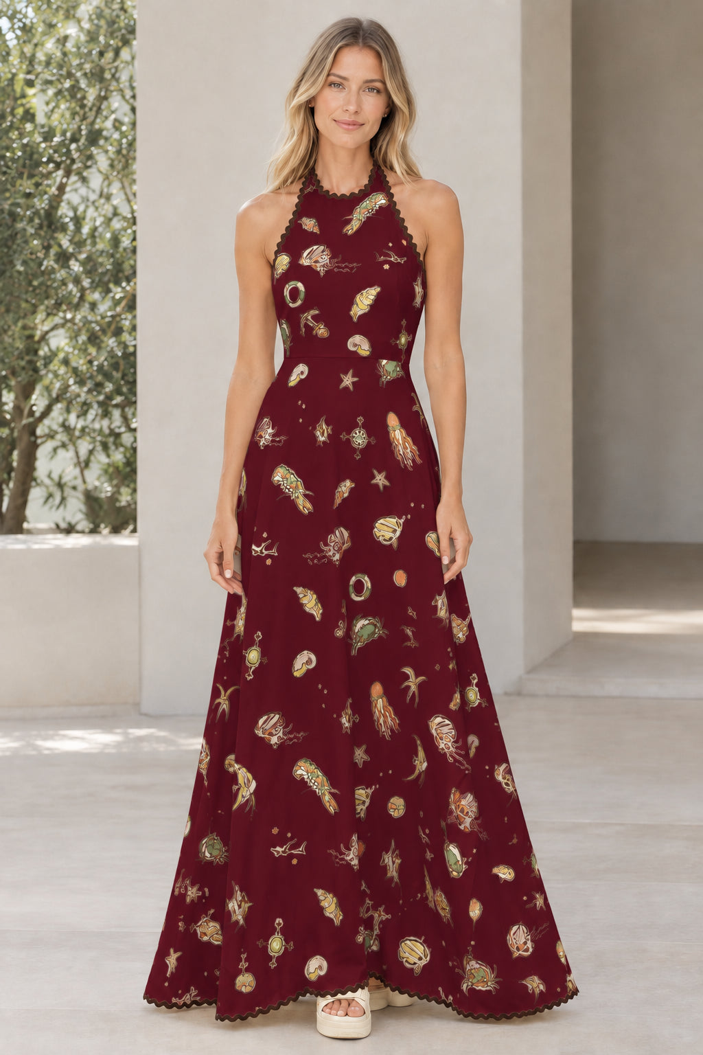Model wearing burgundy red marine print halter maxi dress