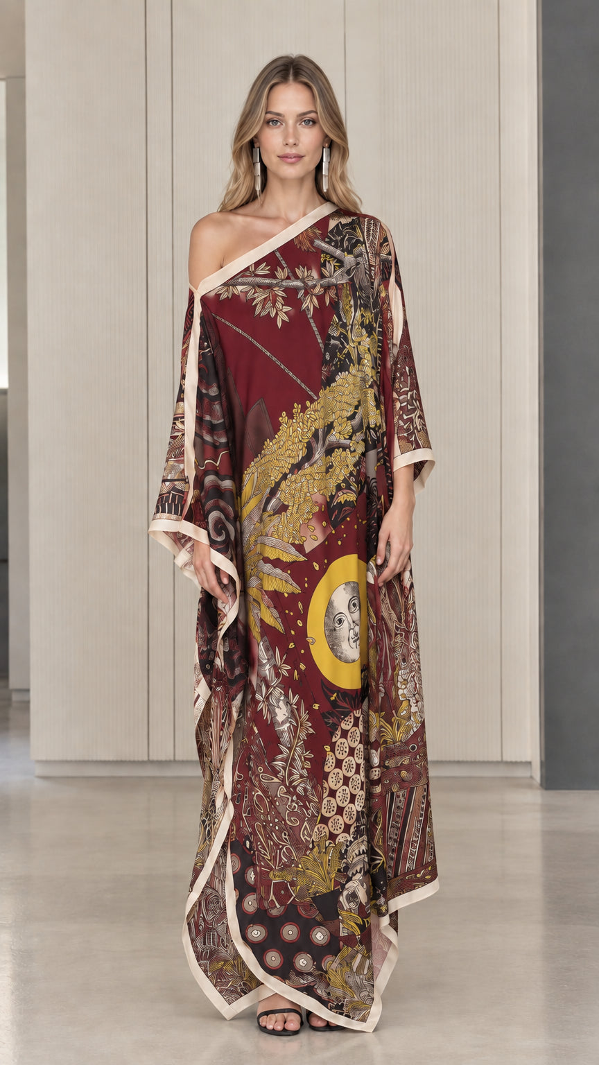 Burgundy wine one-shoulder celestial print kaftan dress