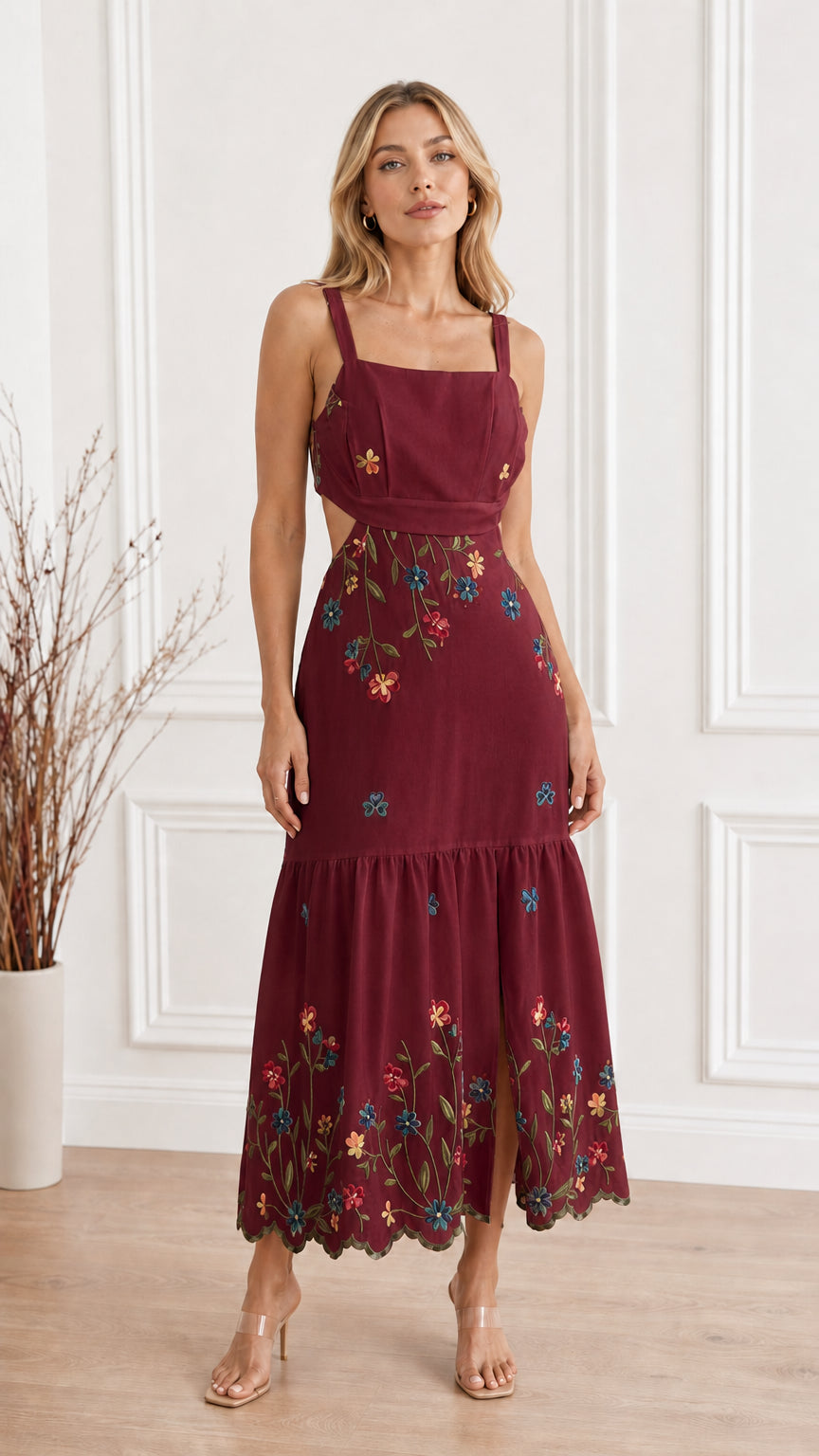 Front view of Burgundy Floral Embroidered Cutout Square Neck Maxi Dress