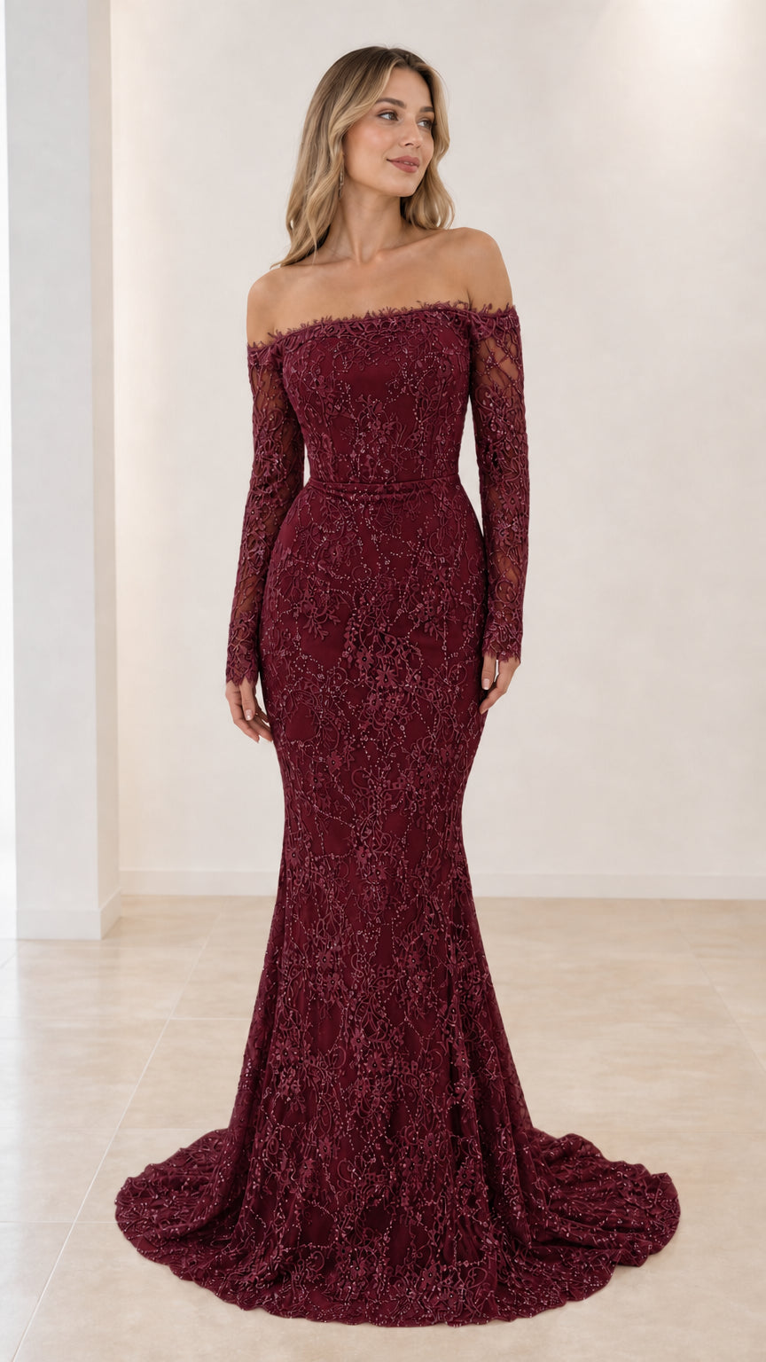 Model wearing Burgundy wine red sequin lace mermaid evening gown