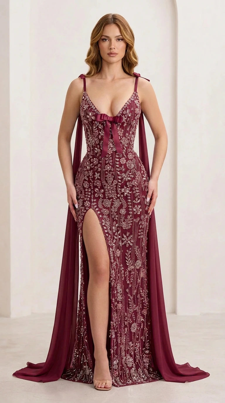 Model wearing Burgundy red beaded evening gown with matching bow and draped streamers