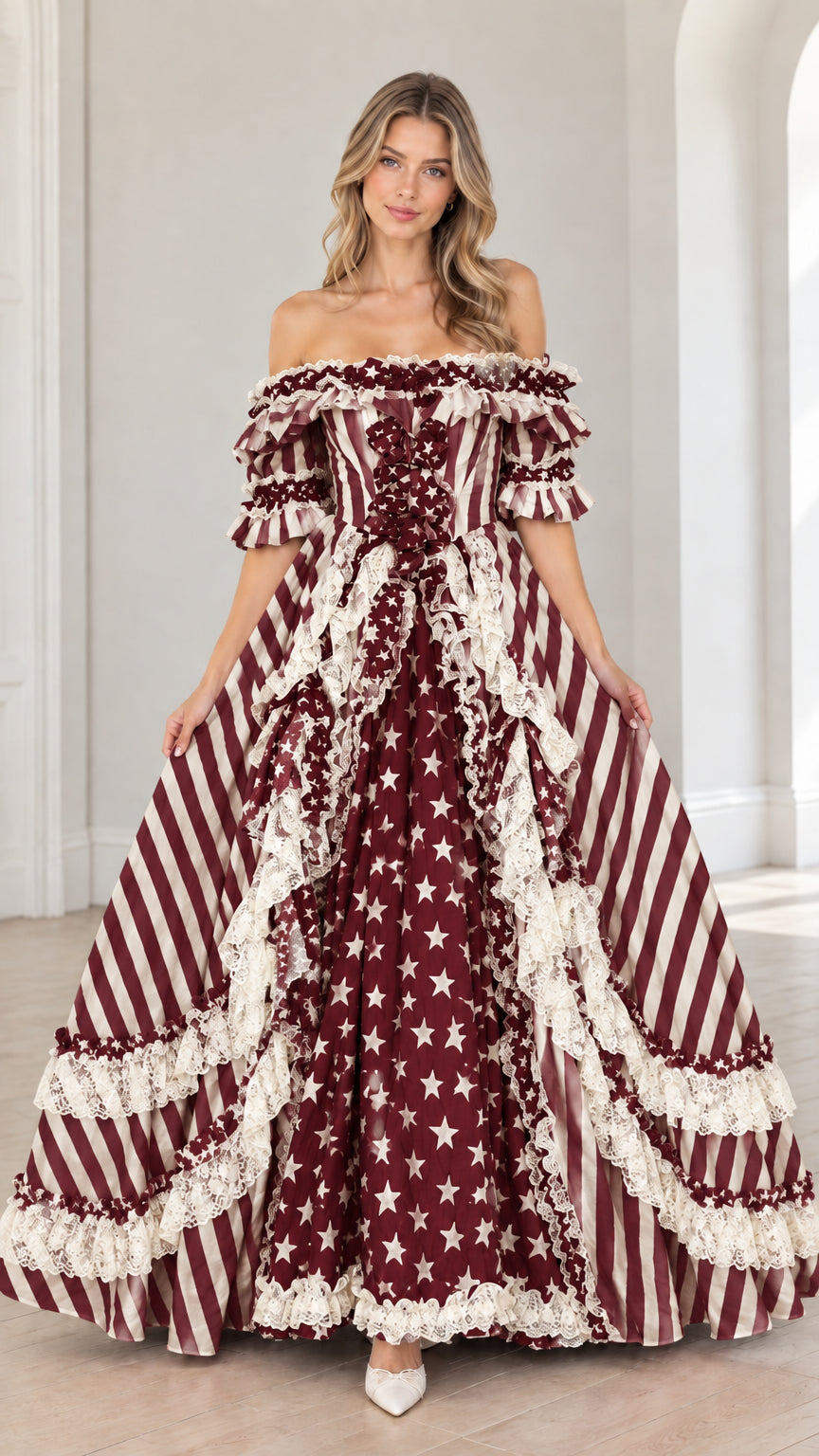 Full-length front view of burgundy red star and stripe tiered ball gown