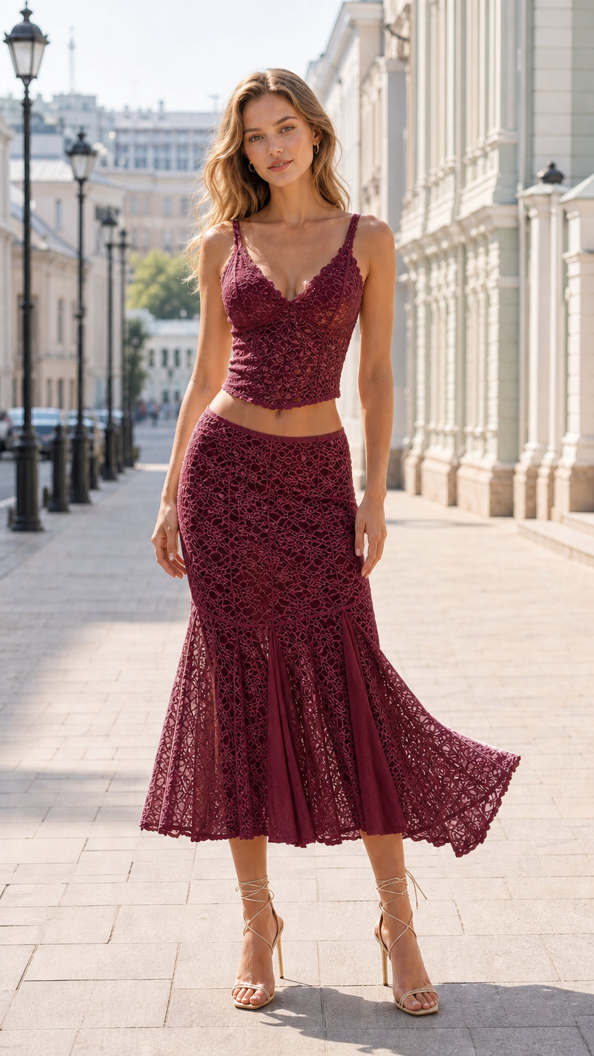 Burgundy wine lace two-piece V-neck top and flared midi skirt set