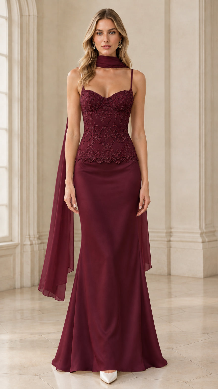 Model wearing burgundy wine beaded corset formal dress with scarf