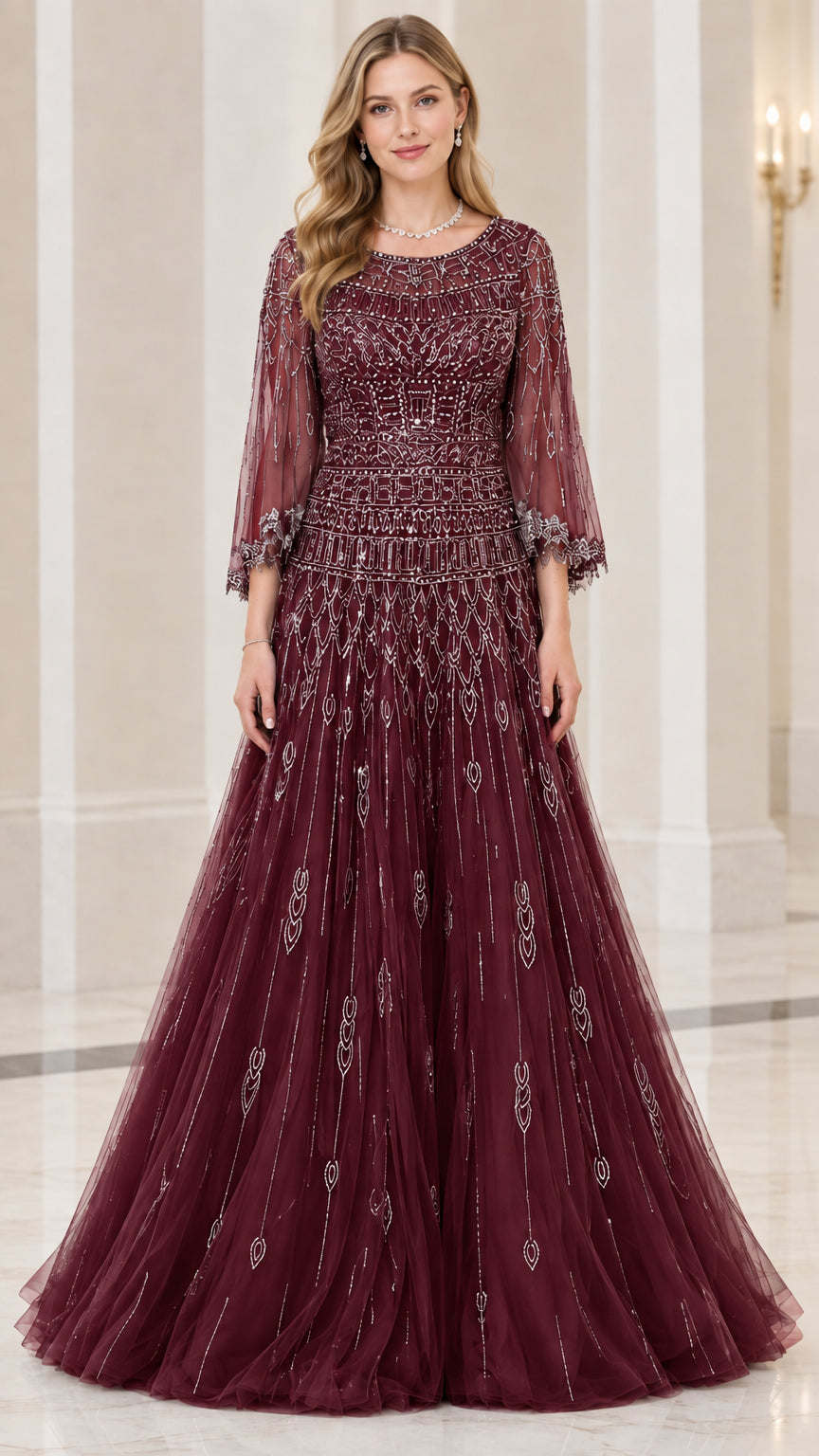 Front view of deep burgundy wine beaded A-line formal gown