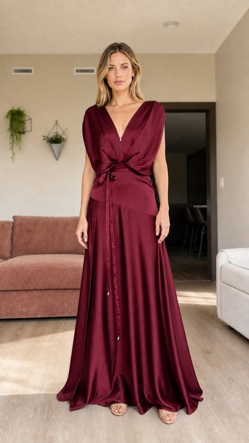 Front view of woman wearing burgundy wine red draped satin maxi dress