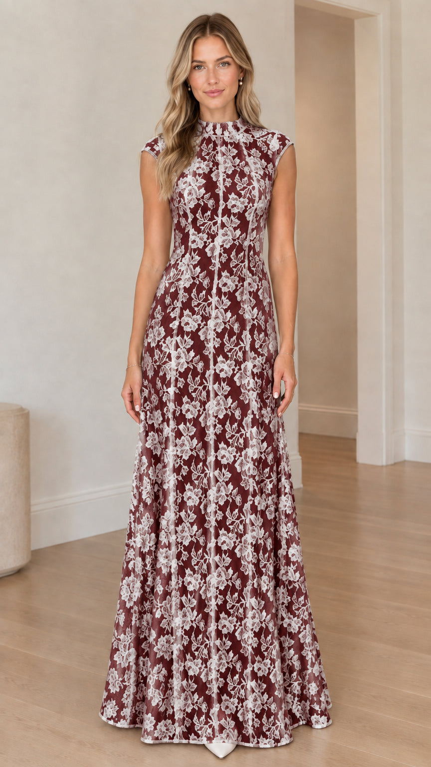 Model wearing burgundy high neck floral lace sleeveless maxi dress