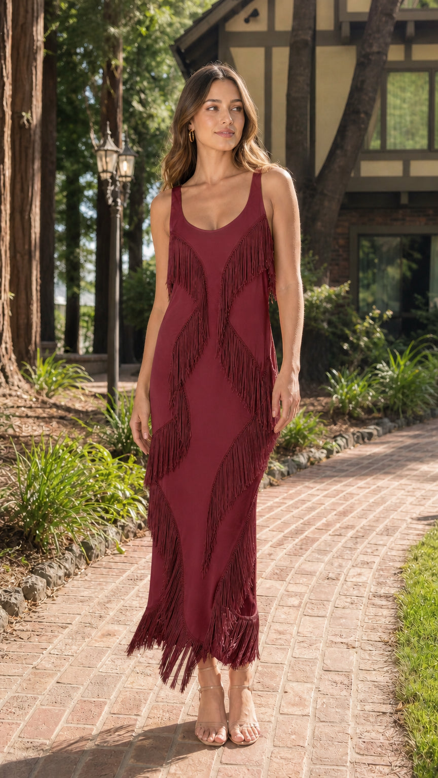 Model wearing burgundy wine sleeveless fringe scoop back maxi dress