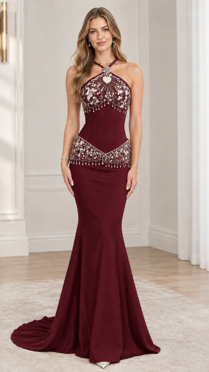 Front view of model wearing burgundy red halter beaded mermaid evening gown