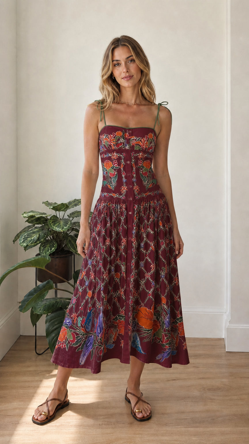 Model wearing burgundy botanical print tie-shoulder midi dress