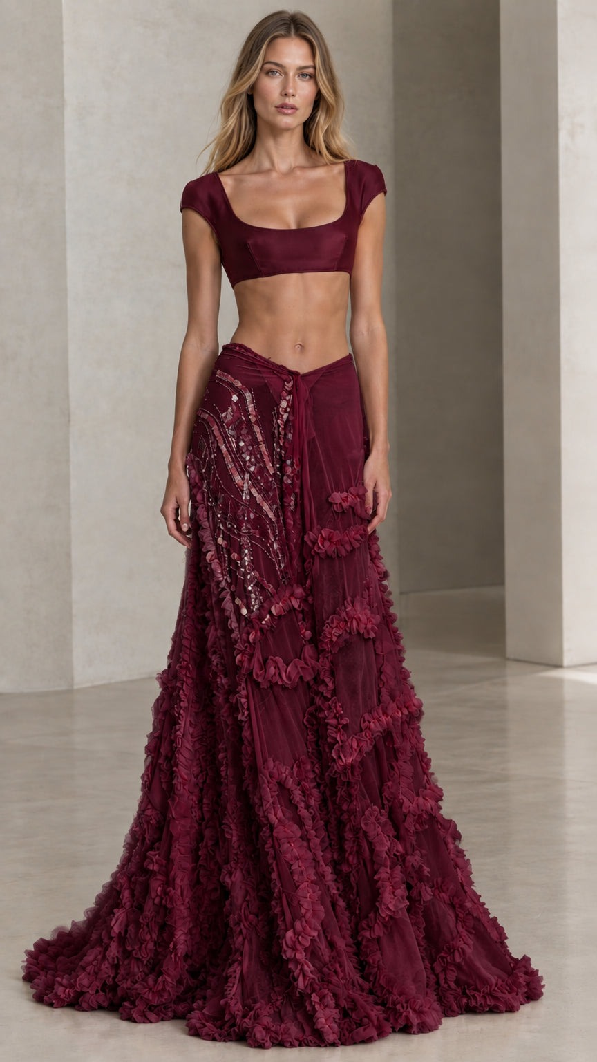 Front view of model wearing burgundy two-piece formal crop top and textured maxi skirt