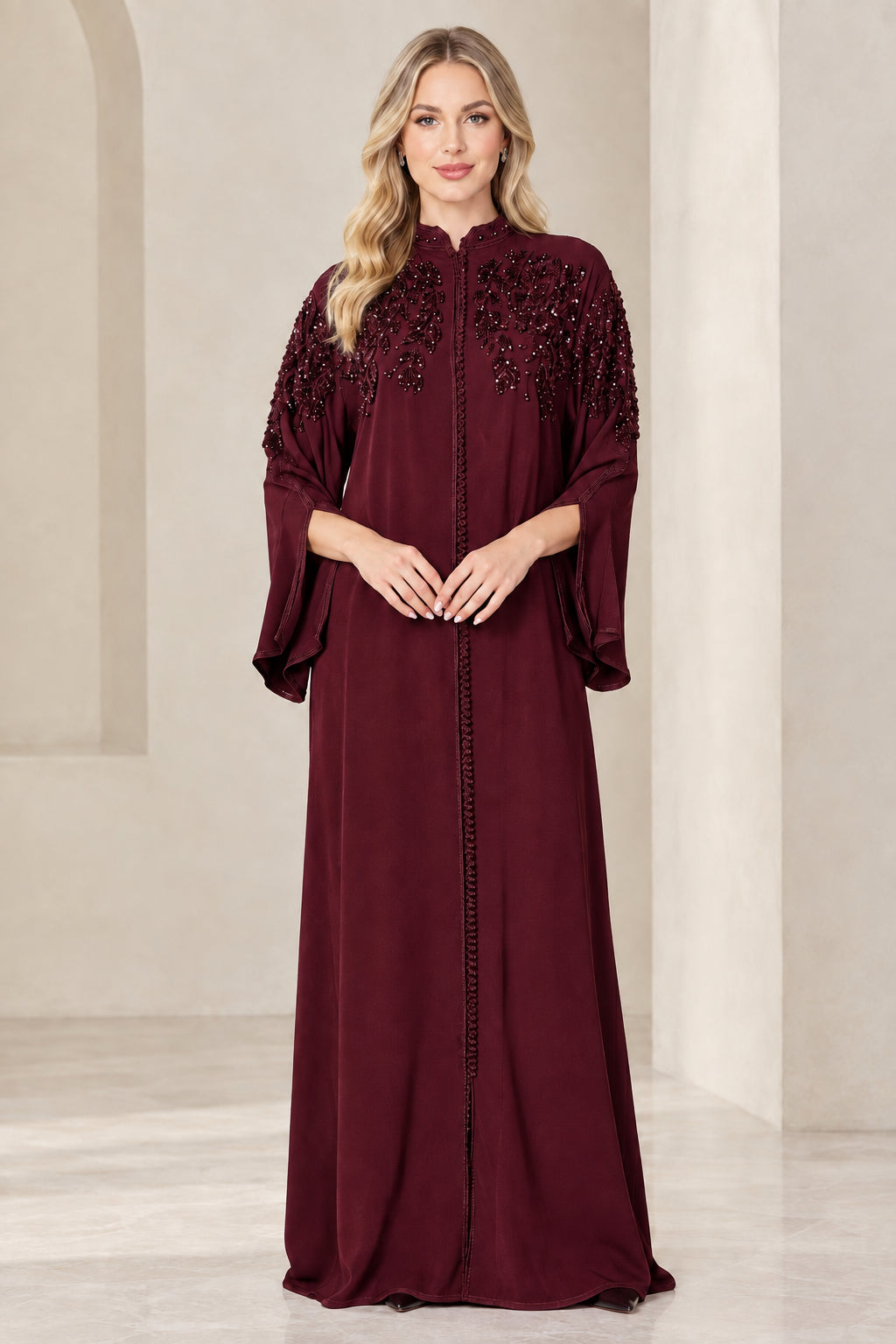 Burgundy wine red long sleeve embellished shoulder abaya maxi dress