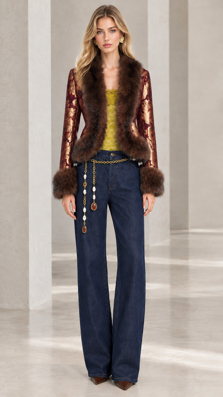 Model wearing burgundy red floral jacquard jacket with faux fur trim