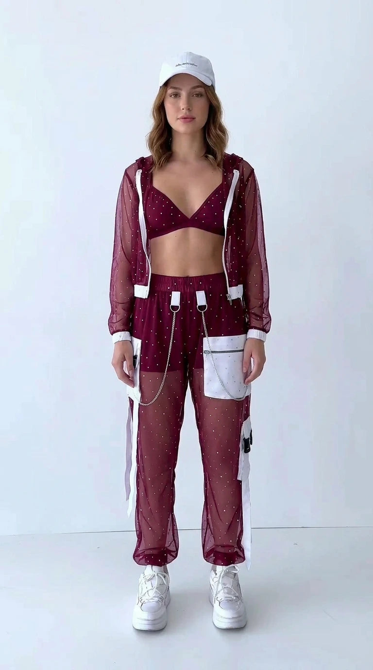Burgundy wine sheer mesh hooded jacket and cargo joggers set