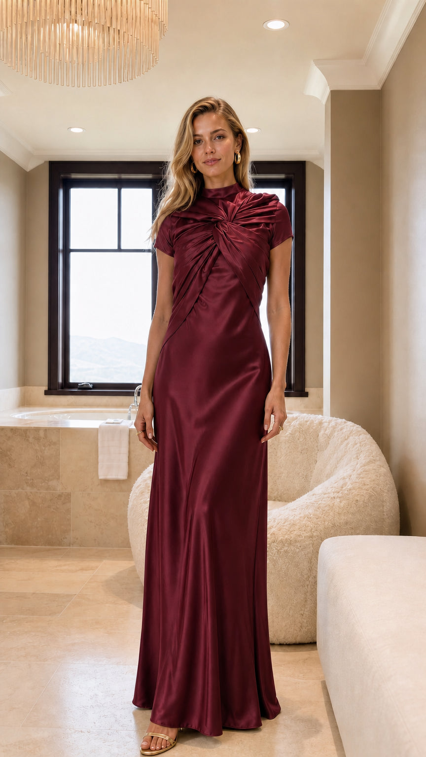 Burgundy wine red twist front satin formal dress