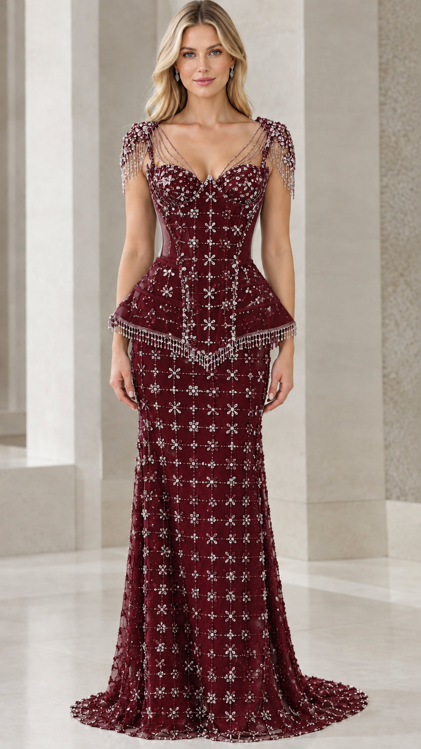 Front view of model wearing burgundy beaded corset peplum evening gown