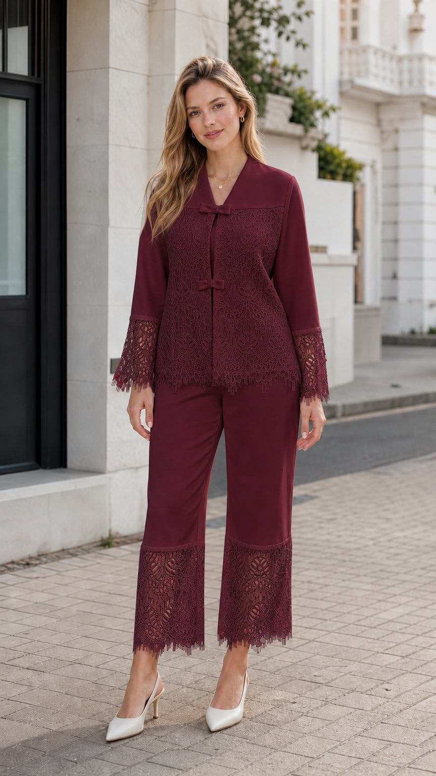 Full-length front view of burgundy wine lace-trim two-piece pant set