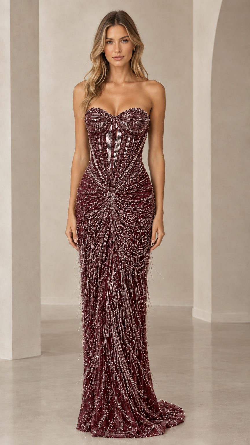 Burgundy wine strapless beaded evening dress with sweetheart bustier