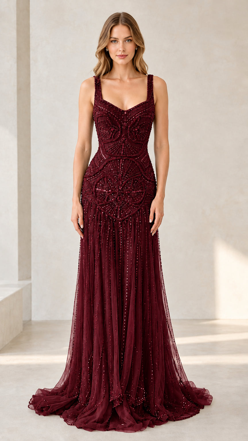 Burgundy red beaded sleeveless floor-length evening dress