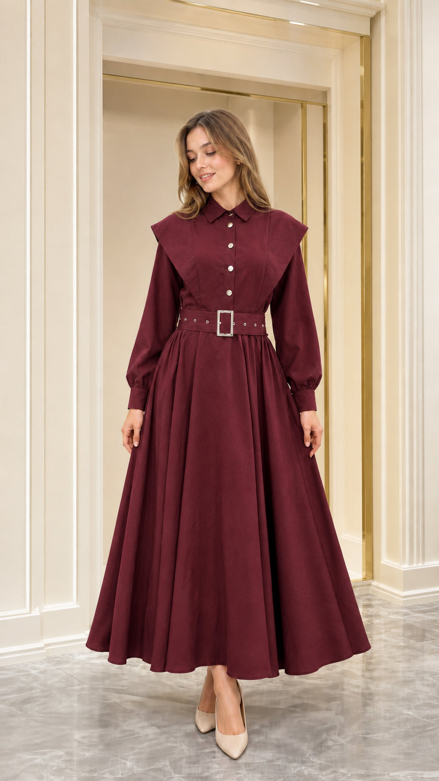 Front view of burgundy red capelet collar belted long sleeve maxi dress