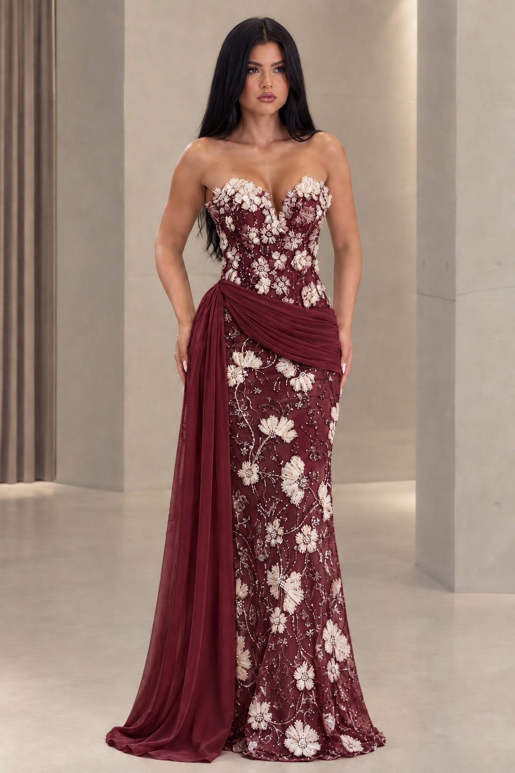 Burgundy wine red strapless floral lace mermaid formal dress