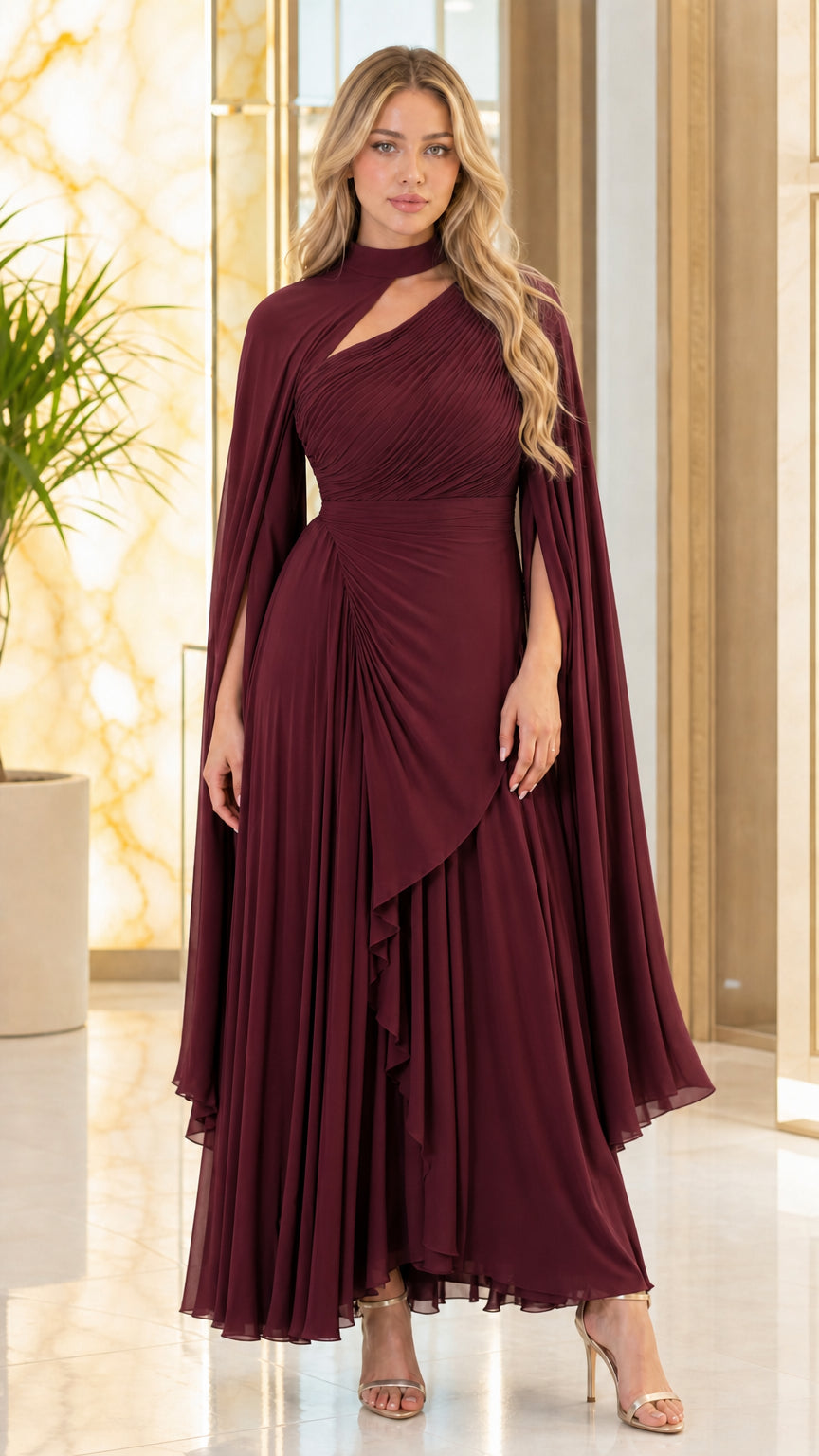 Front view of burgundy wine red pleated cape sleeve formal evening gown