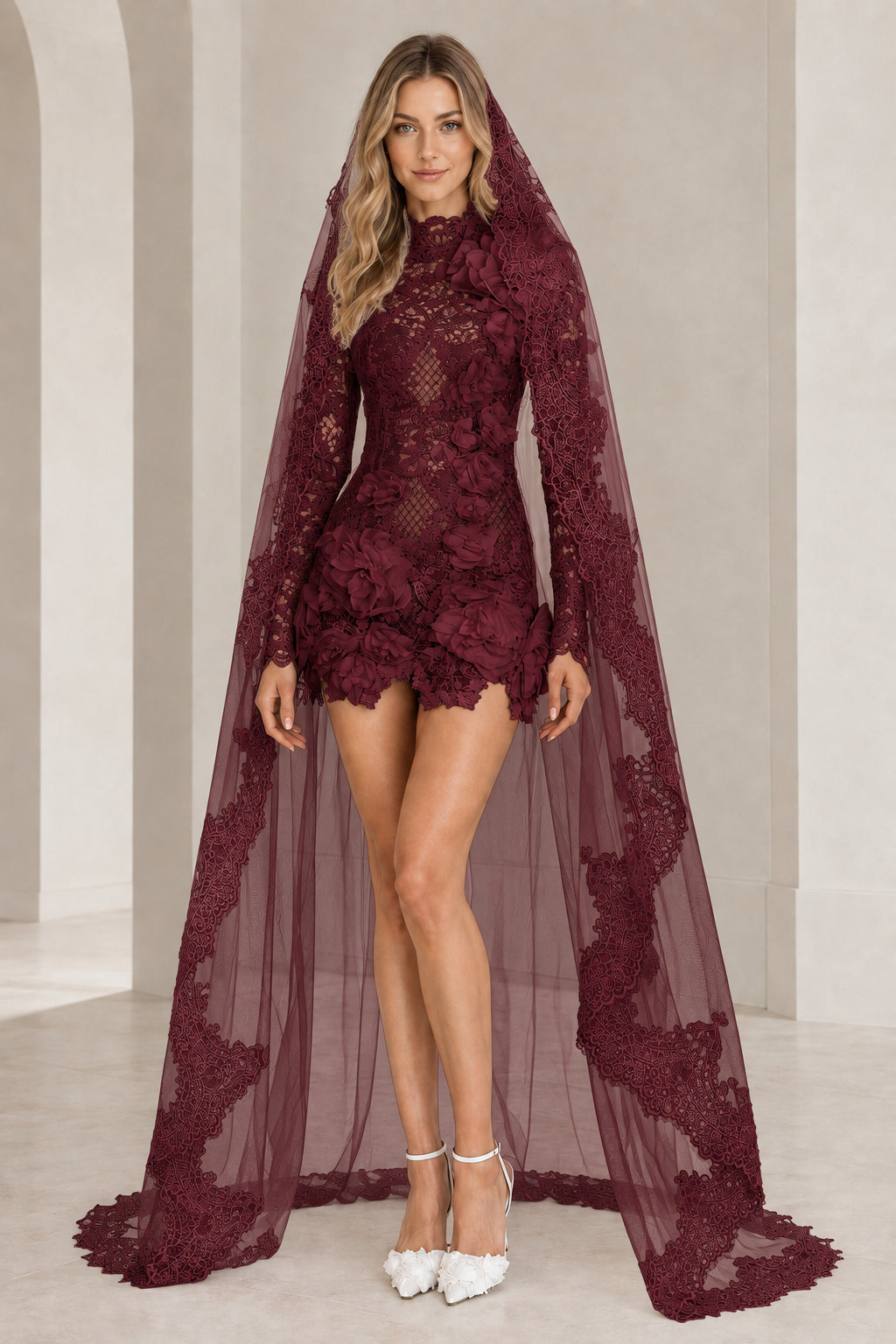 Burgundy wine red floral lace long sleeve mini dress with matching red veil
