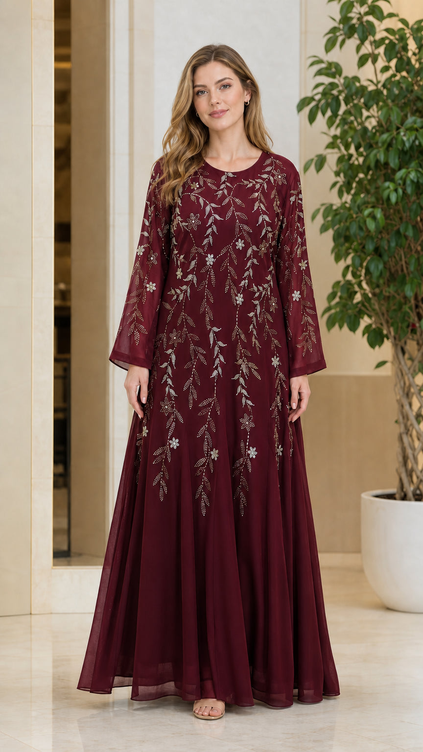 Front full-length view of model wearing the Burgundy wine rhinestone formal gown