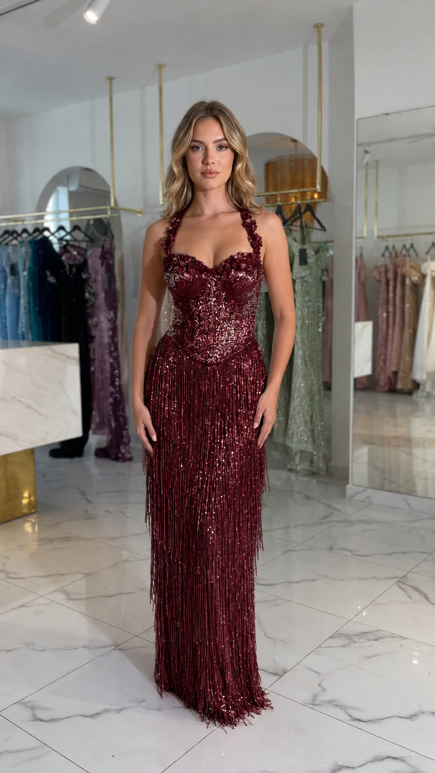 Burgundy wine red halter neck floral corset fringe evening gown