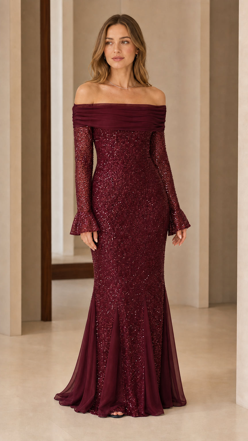 Front view of woman wearing burgundy wine red off-the-shoulder sequin gown