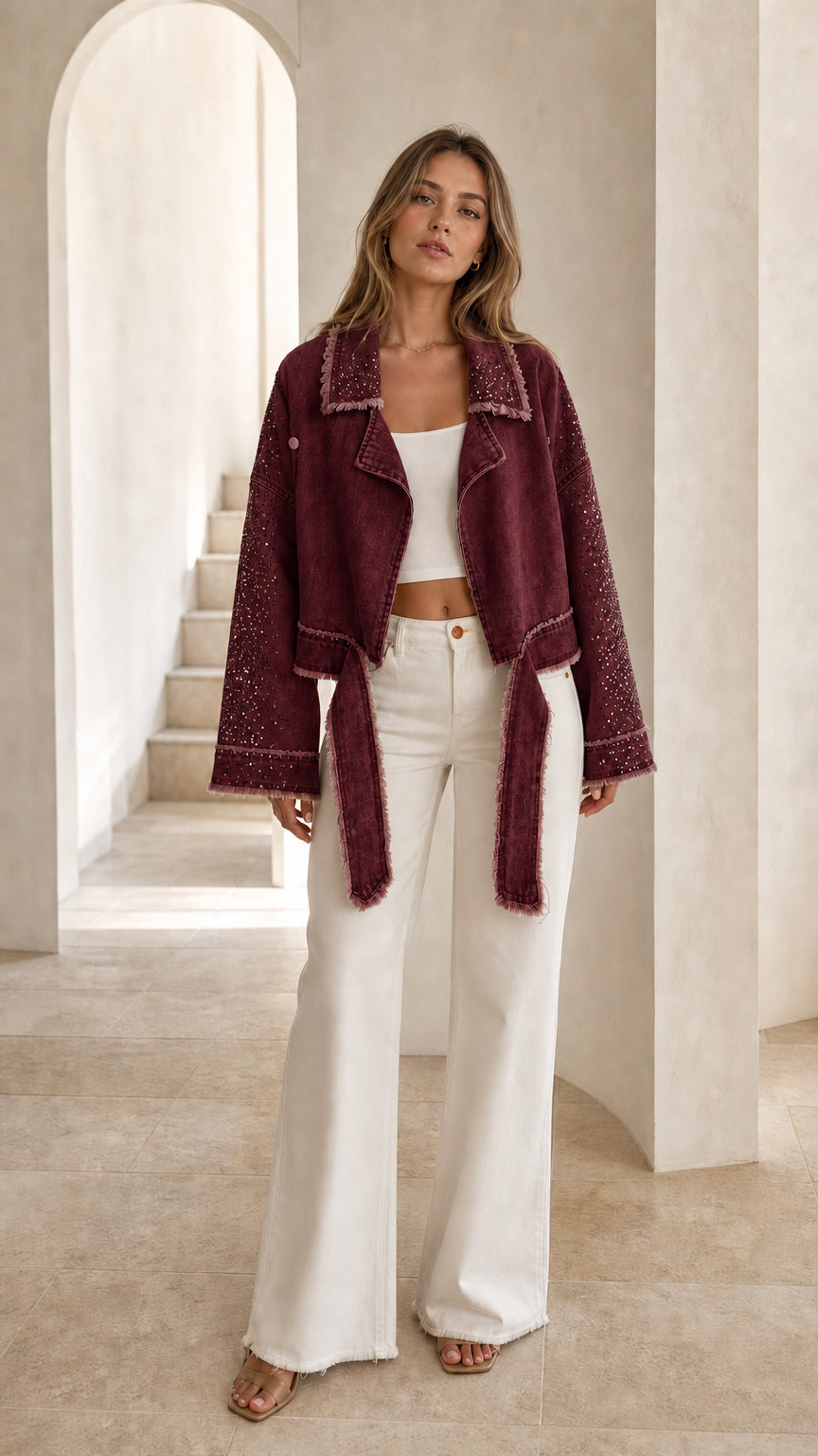 Front view of burgundy rhinestone fringe cropped jacket with tie waist