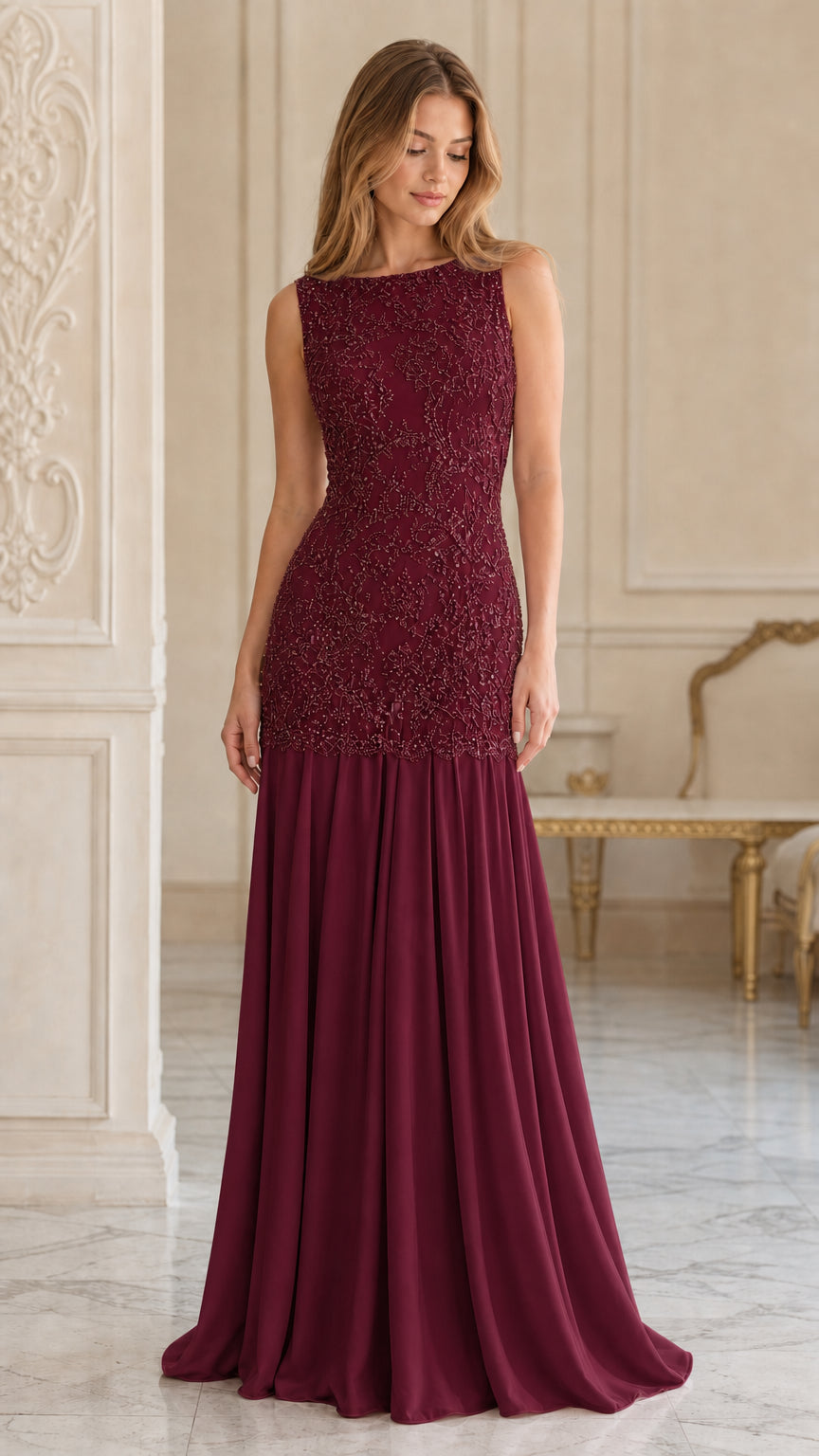 Burgundy wine red sequin embroidered sleeveless evening gown