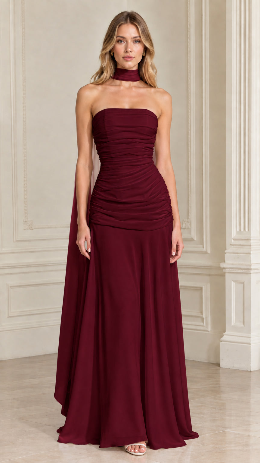 Burgundy wine red strapless ruched evening gown with matching neck wrap