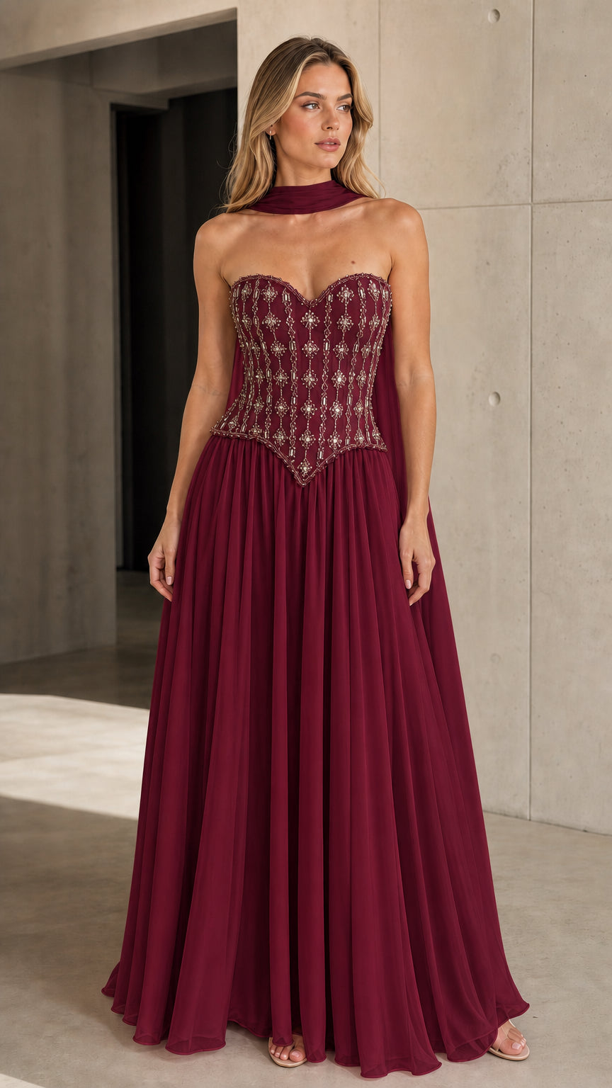 Model wearing Burgundy red beaded corset pleated evening gown with matching scarf