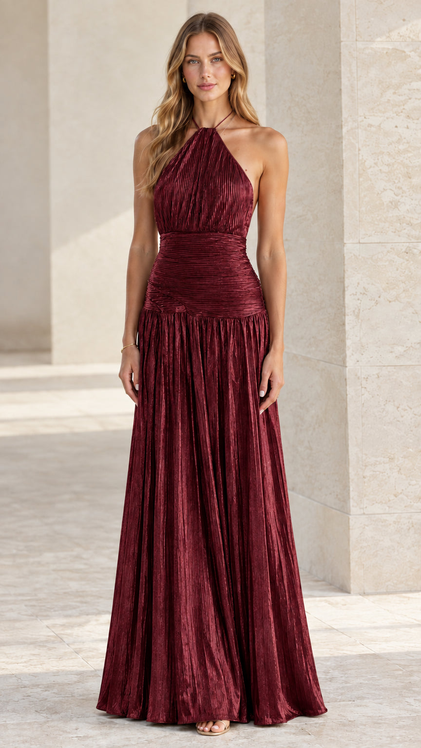Model wearing burgundy wine red pleated drop waist maxi dress