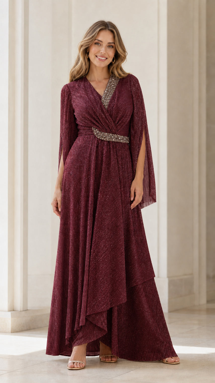 Front view of model wearing burgundy rhinestone evening dress