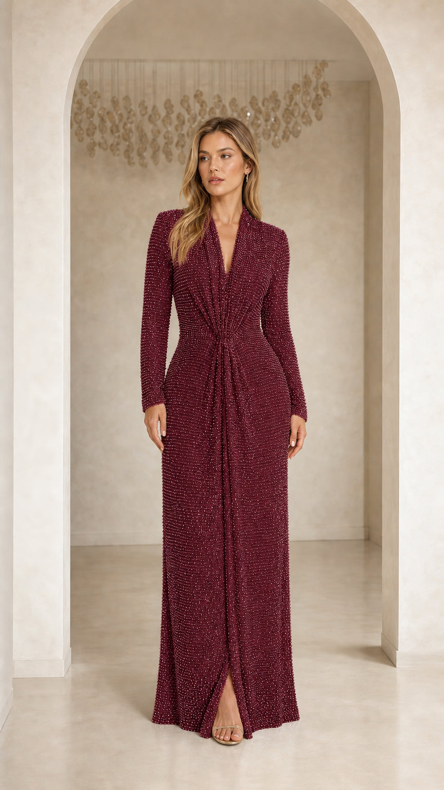 Model wearing Burgundy Elegance Sequin Long Sleeve Maxi Dress