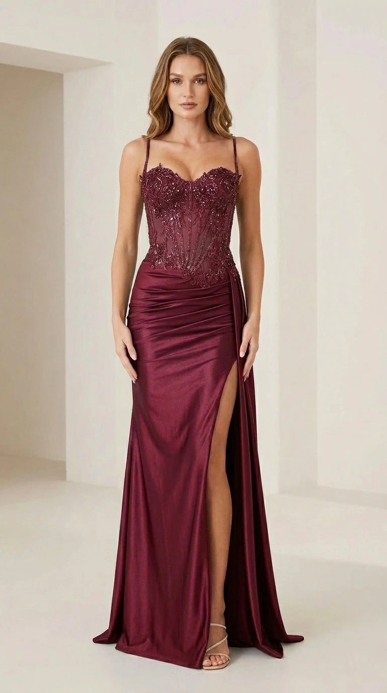 Front view of burgundy variant evening dress with high slit