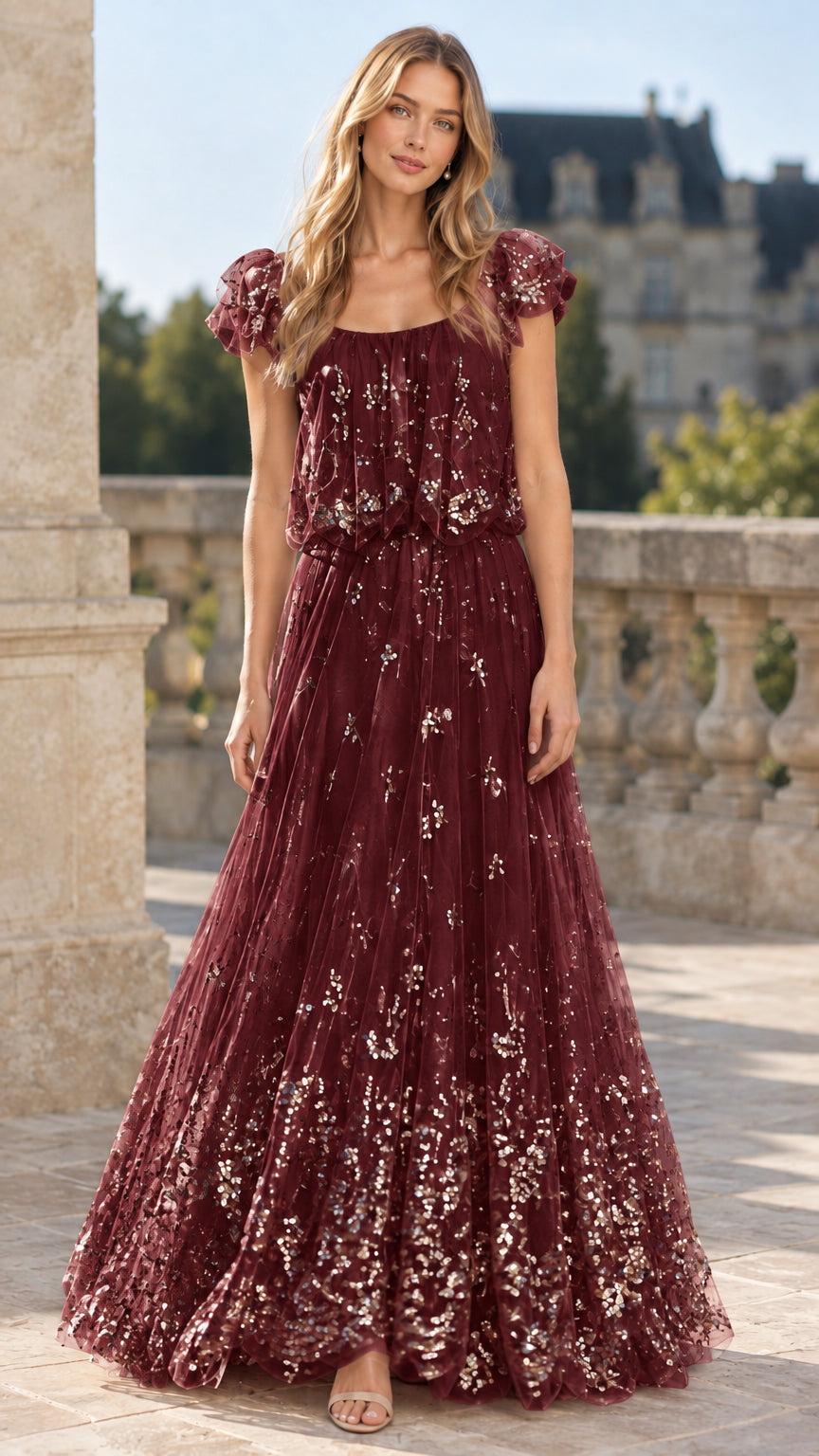 Burgundy wine sequin embroidered flutter sleeve formal evening dress