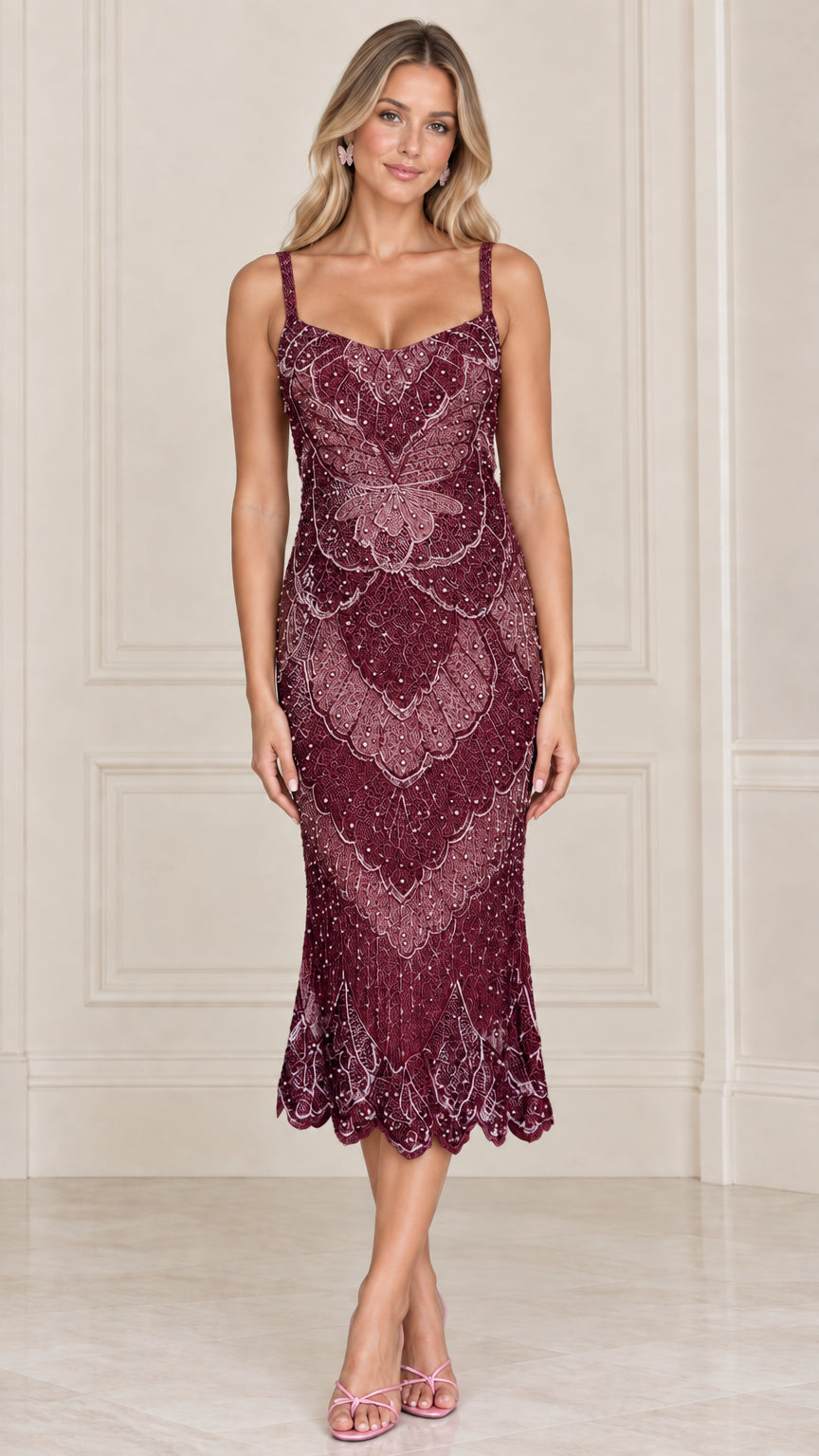 Front view of burgundy beaded lace sleeveless midi dress