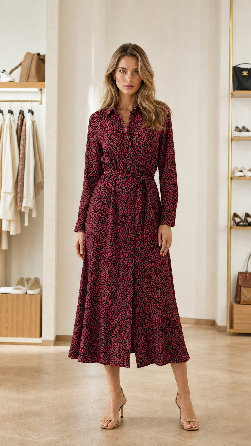 Front full view of woman wearing burgundy geometric print long sleeve midi shirt dress