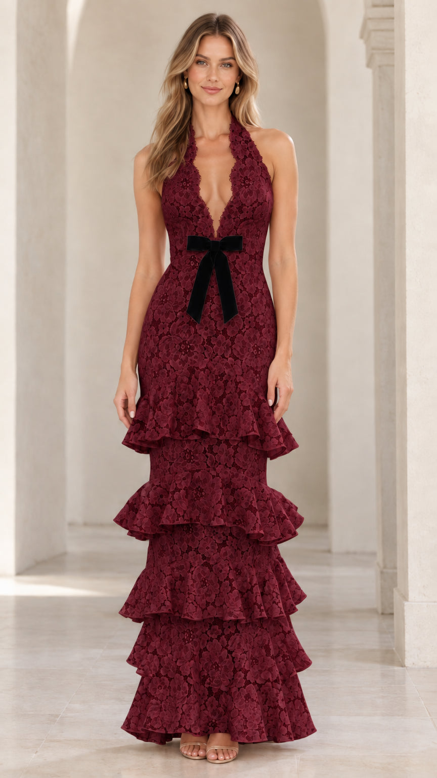 Burgundy wine lace plunge halter tiered formal gown with black velvet waist bow