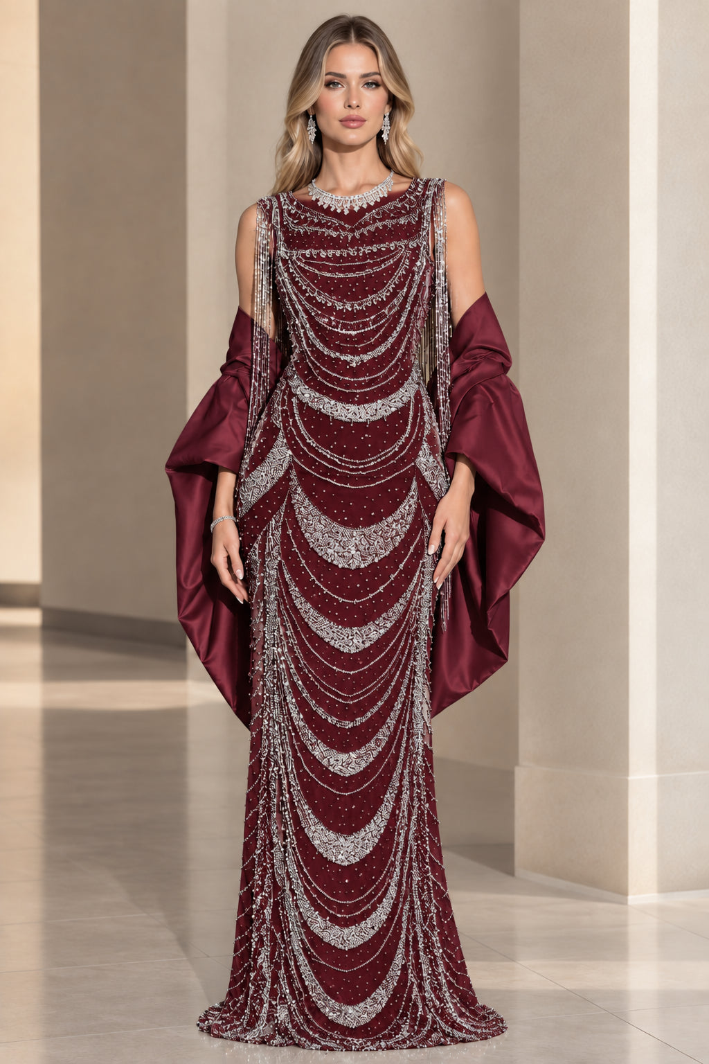 Front view of burgundy red beaded evening gown with matching wine wrap
