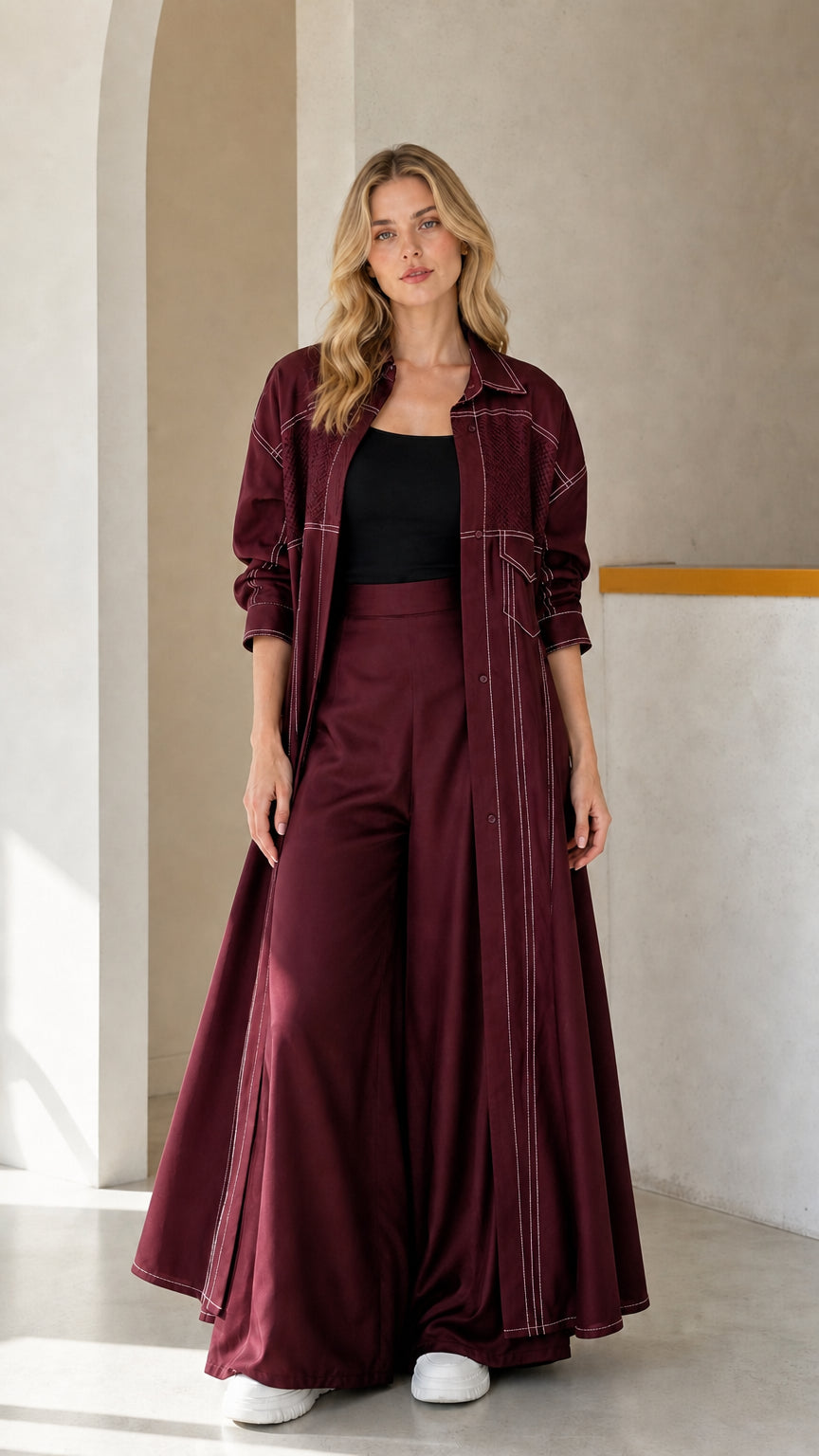 Full-length look of woman wearing Burgundy maxi duster coat and matching wide-leg pants