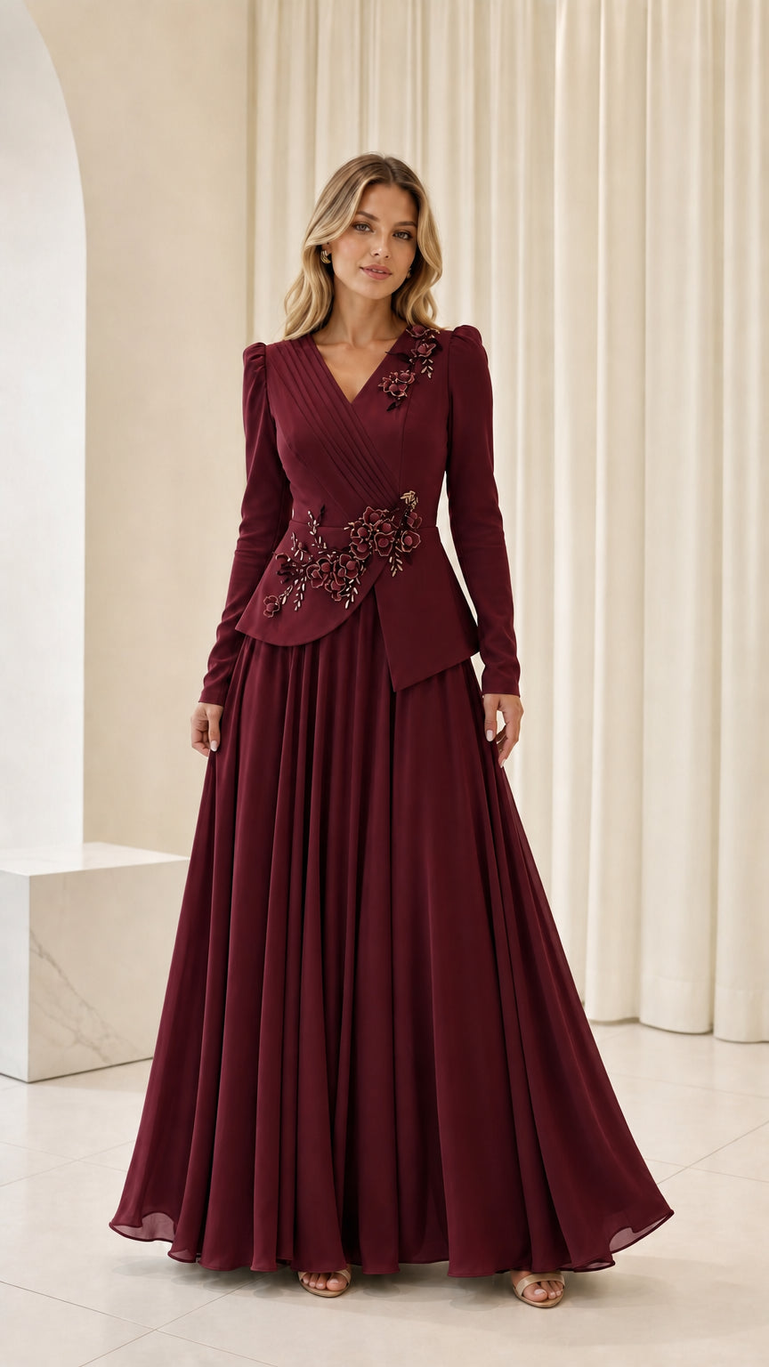 Front view of woman wearing burgundy wine floral beaded peplum evening maxi dress