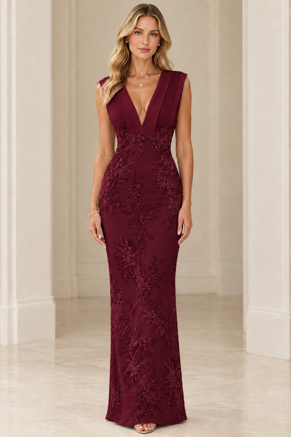 Front full view of Burgundy pleated V-neck floral lace formal gown